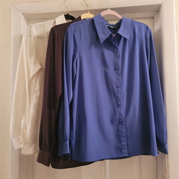 Susan Graver Button Down Shirt Lot Of 3 Size M Cream Blue Brown - Picture 2 of 10